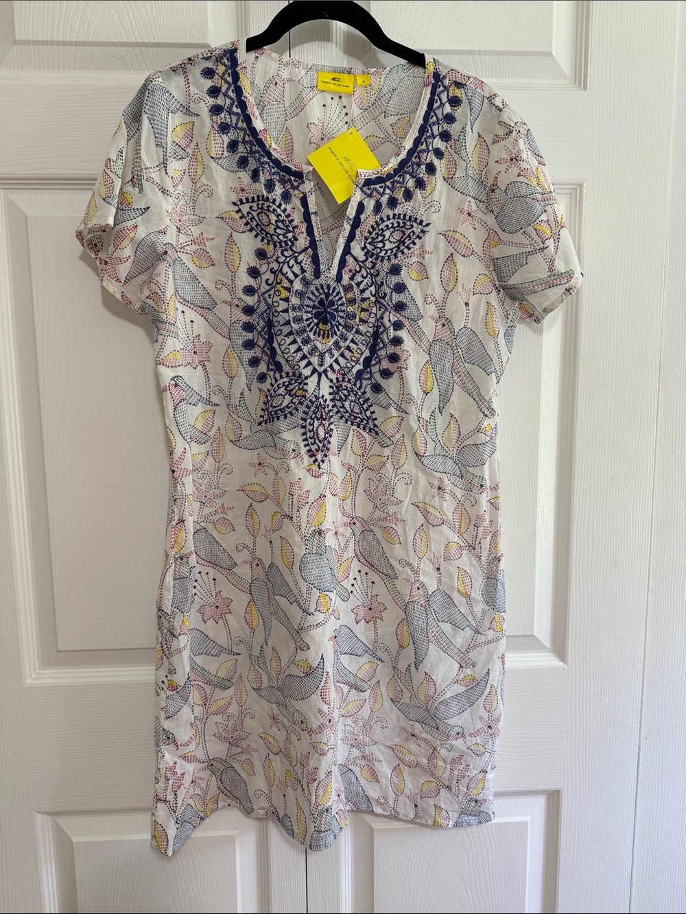 RobertaRollerRabbit Embroidered V-Neck Tunic Dress in White with Navy Detail